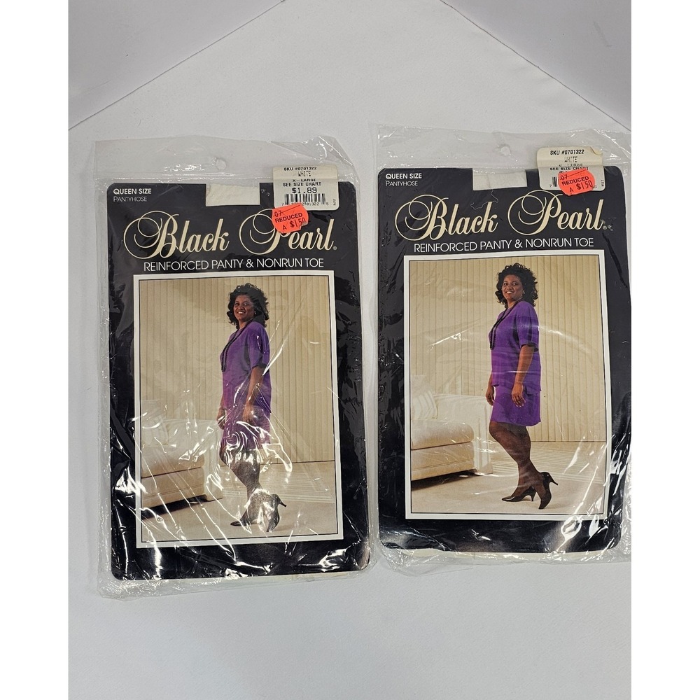 Vintage XL Black Pearl Pantyhose Lot 2‎ Queen Size Reinforced NOS Hosiery